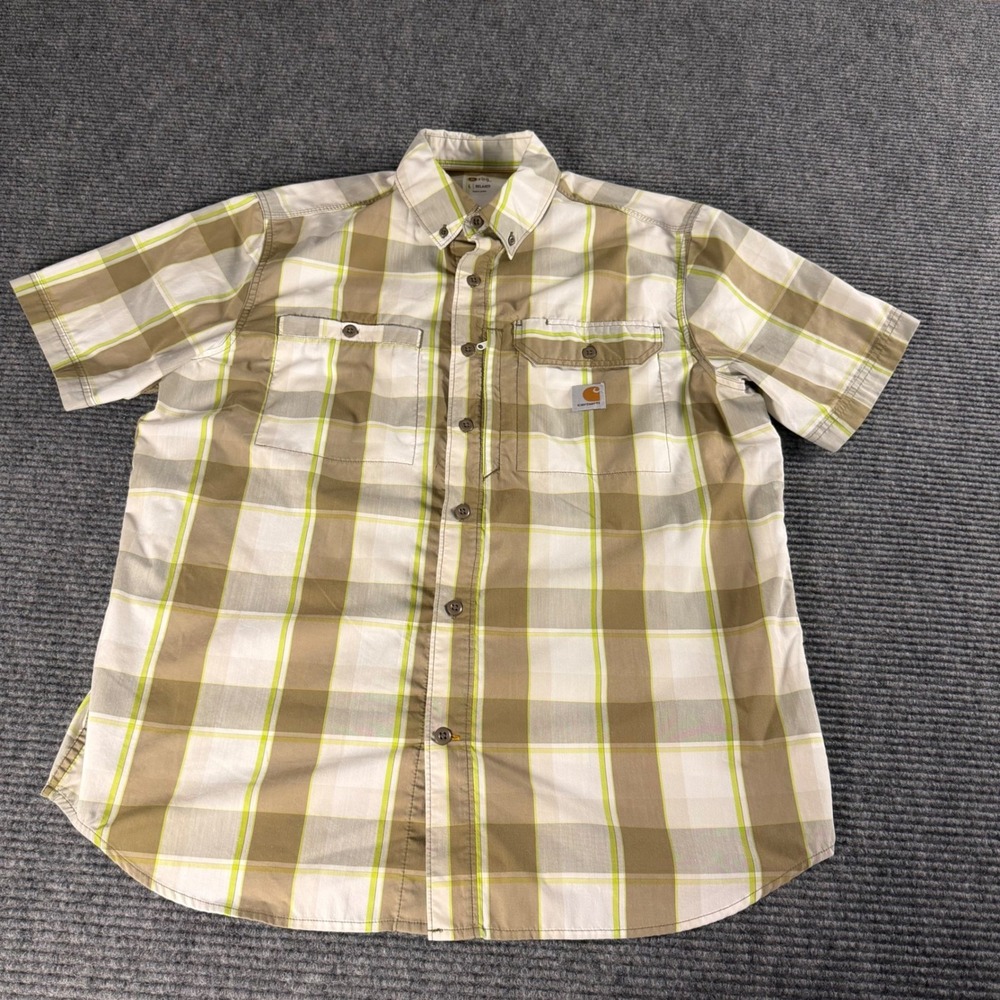 Carhartt Mens Force Relaxed Fit Plaid Short Sleeve Button Down Shirt Tan Green L